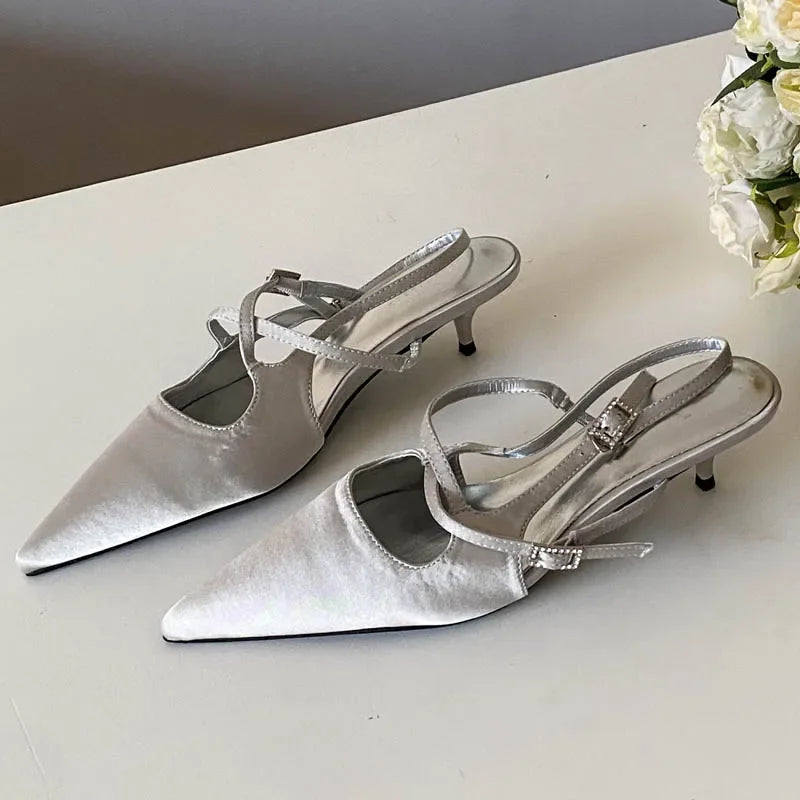 Elegant Narrow Band Buckle Strap Woman Pumps Pointed Toe Thin Low Heels Party Dress