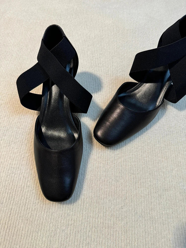 Women'sShoes Square Toe Thick Middle Heel Cross Elastic Cowhide Color Office Shallow Single Shoes