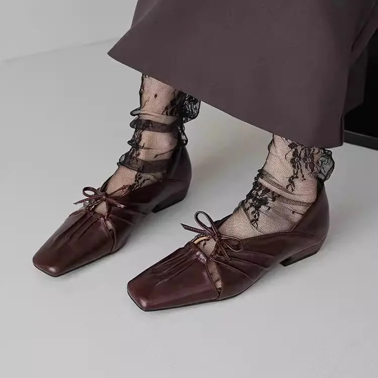 Pleated Hollow Mary Jane Style Shoes with Bow Design Flat Shoes Square Toe Casual Comfortable Outdoors Shoes Fashion