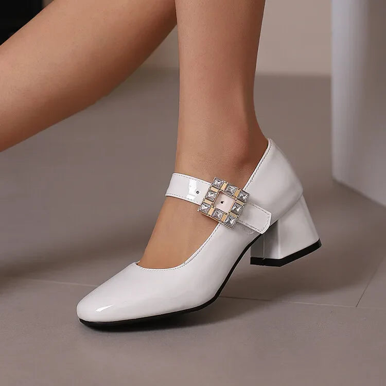 Plus Size 48 Patent Leather Mary Jane Shoes Sparkly Crystal Rhinestone Burgundy White Block Heel Pumps Party Shoe