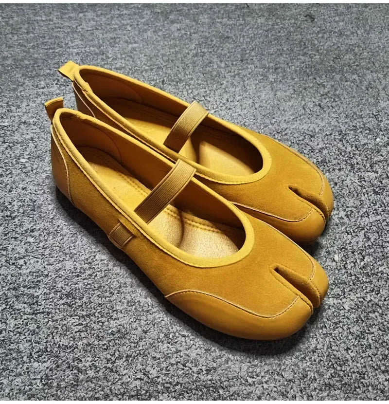 Split toe Faux suede Patchwork Tabi Ballet Flats Mary Janes Walking Loafers Casual Girls Dance Shoes