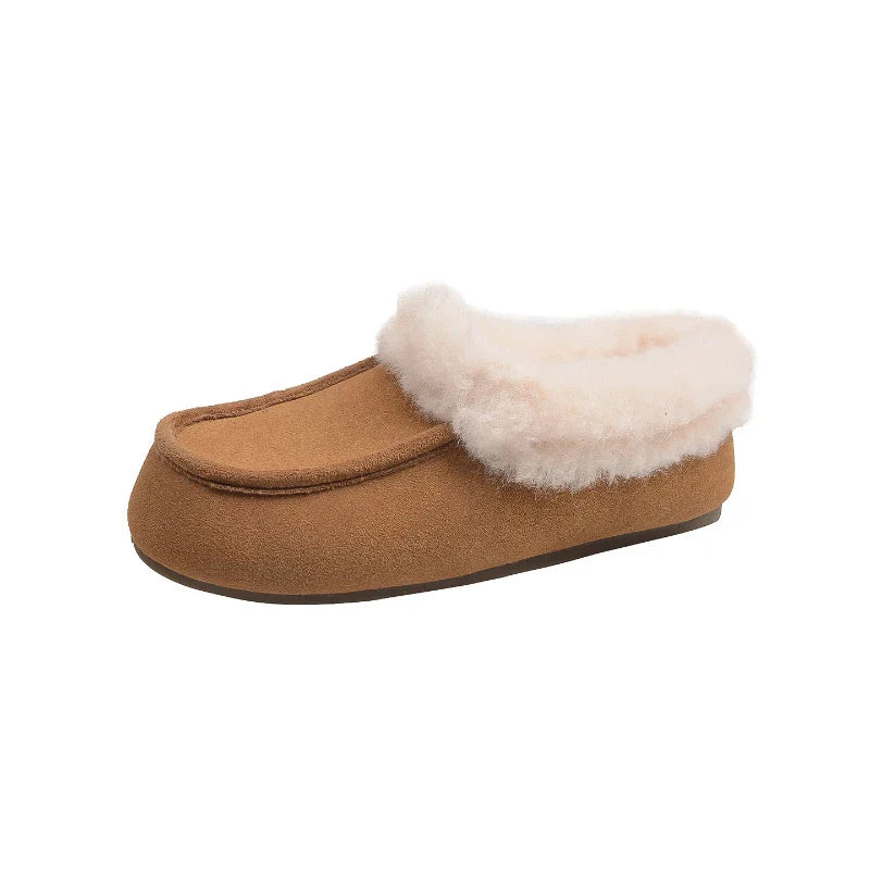 Vintage Fleece Lined Flats Shoes Concise Shallow Slip On Shoes Elegant Keep Warm Snow Shoes