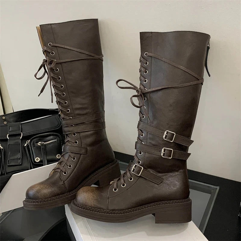 Punk Style Cross-Strap Low Heels Knee-High Boots Belt Buckle Round Toe Zipper Shoes