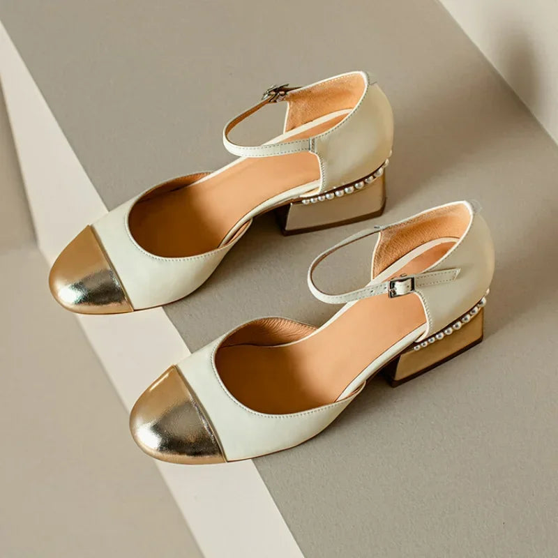 Sheepskin Leather Pumps Pearls Chunky Heels Shoes Brand Two Tone Buckle Pumps Wedding Party Dressy Shoes