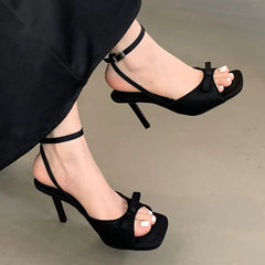 Black Footwear Thin Heels Shoes Butterfly-Knot Shallow Heels Shoes Sandals
