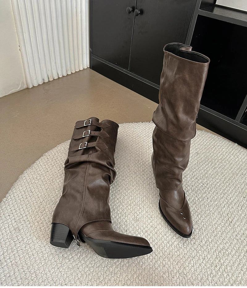 Vintage Belt Buckle Knee High Boots Removable Shoes Elegant Thick Heel Knight Long Booties