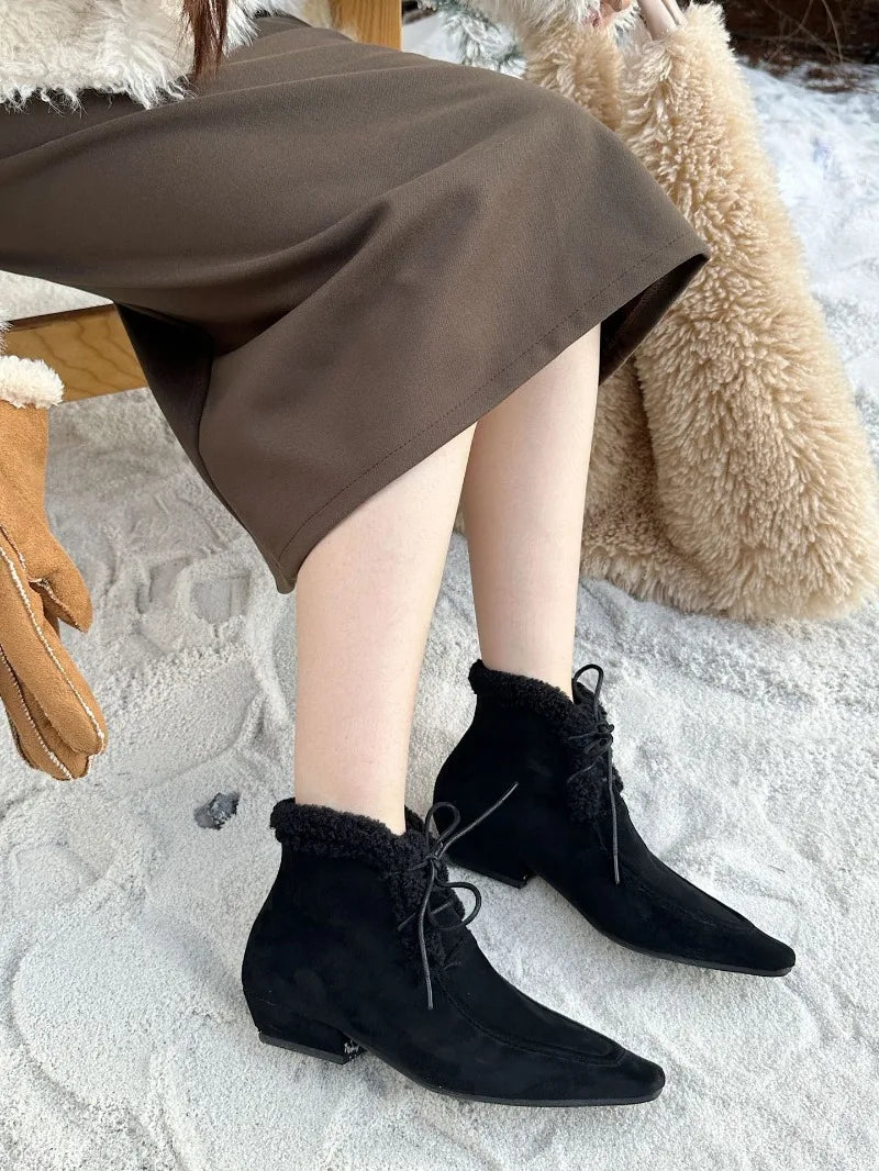 Lace Up Short Fluffy Warm Ankle Boots Comfort Square Toe Chunky Suede Short Boots Low Heels Party Shoes