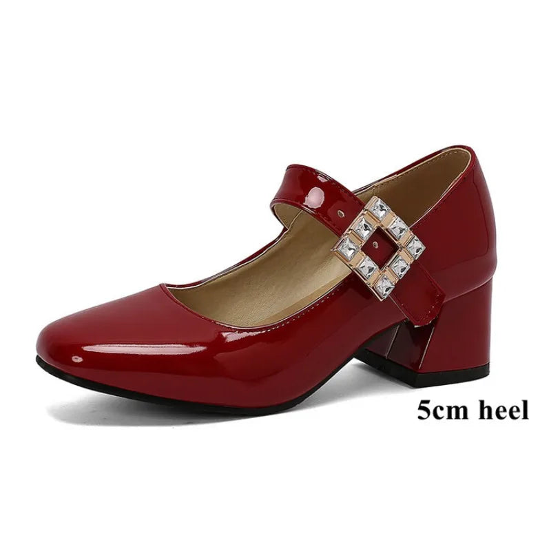 Plus Size 48 Patent Leather Mary Jane Shoes Sparkly Crystal Rhinestone Burgundy White Block Heel Pumps Party Shoe