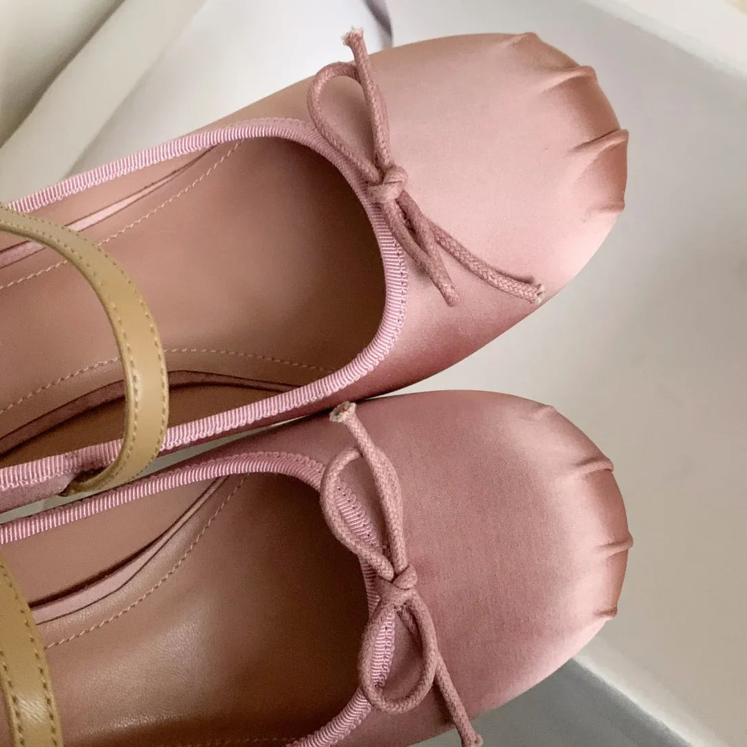 satin fabric sweet bow tie slip-on Mary Jane pumps elegant pink daily dress heeled shoes