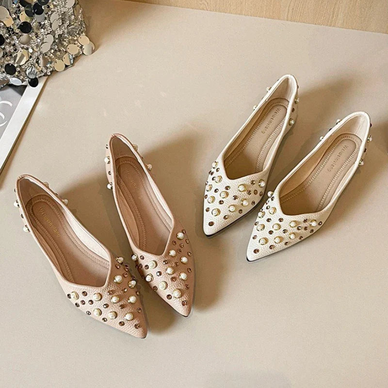 Pearl Rhinestone Decoration Flat Shoes Soft Leather Pointed Toe Ballet Flats Comfort Commuter Office Mary Jane Loafers
