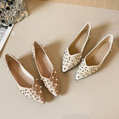 Pearl Rhinestone Decoration Flat Shoes Soft Leather Pointed Toe Ballet Flats Comfort Commuter Office Mary Jane Loafers