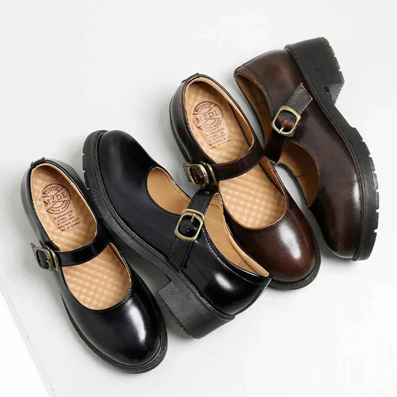 Small Leather Shoes Round Toe High-heeled Retro Leather British College Style Shoes Mary Jane Shoes