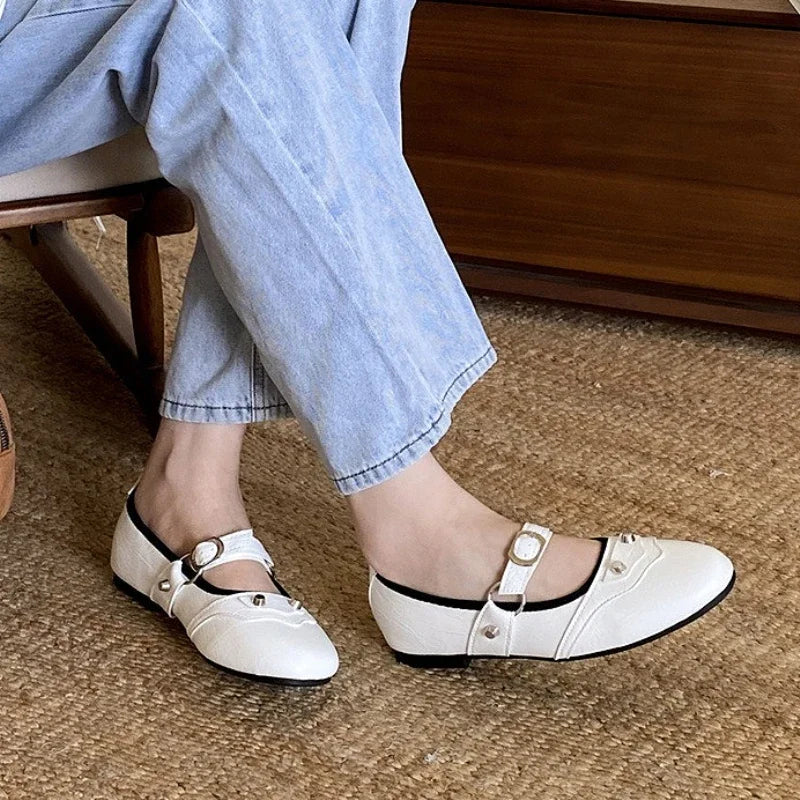Rivet Decoration Mary Jane Shoes Retro Square Toe Comfort Soft Sole Ballet Flats Belt Buckle Shallow Shoe