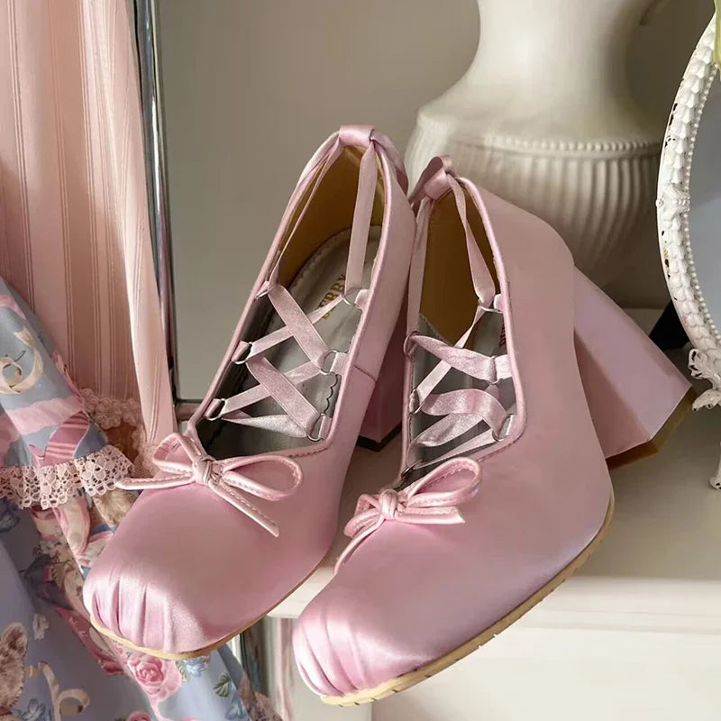 Silk square toe 9cm heel ballet shoes lace up