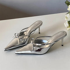 Silver White Butterfly-knot Pointed Toe Slippers Shoes Elegant Party Dress Thin Heels Sandals