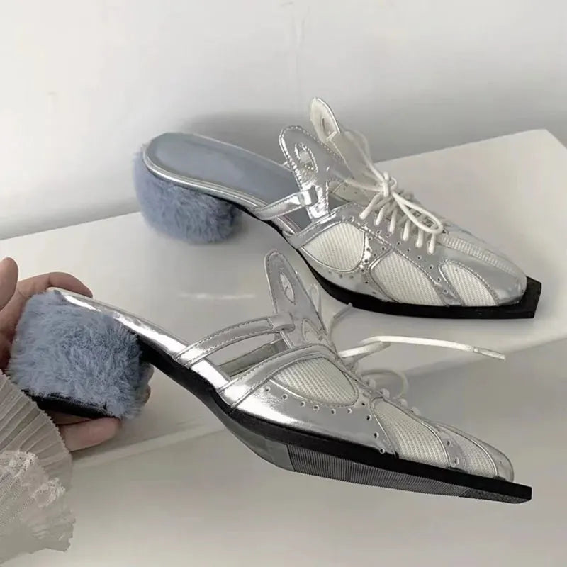 Hollow Out Pointed-Toe Color-Block High Heels Comfortable Breathable Casual Sandals Plush Heel Mules Personality Shoes