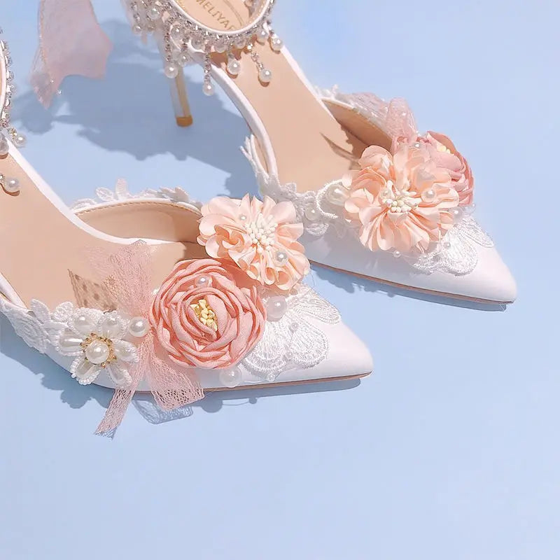 Lolita Brode Shoes Pearl Rhinestone Pink High Heels