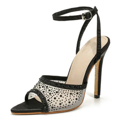 Street Style Crystal Mesh Pointed Toe Elegant Thin Heels Buckle Strap Slingbacks Shoes