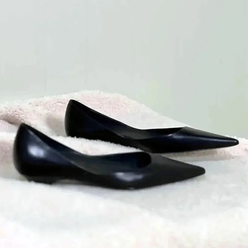 Pointed Toe Leather Flat Shoes Tapered Low Heel Pumps Black Shallow Mouth Design Comfort Casual Office Shoe