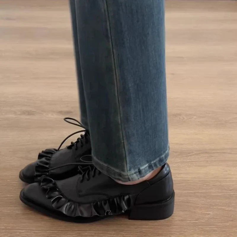 Black Soft Leather Lace-up Loafers Pleated Design Brand Low Heel Pumps Cozy Commuter Office Shoes Zapatos De Mujer