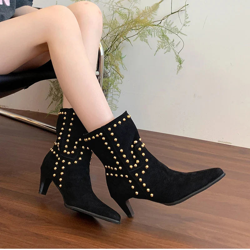 Street Style Pointed Toe Ankle Boots Slip On Square Heels Shoes Modern Short Booties