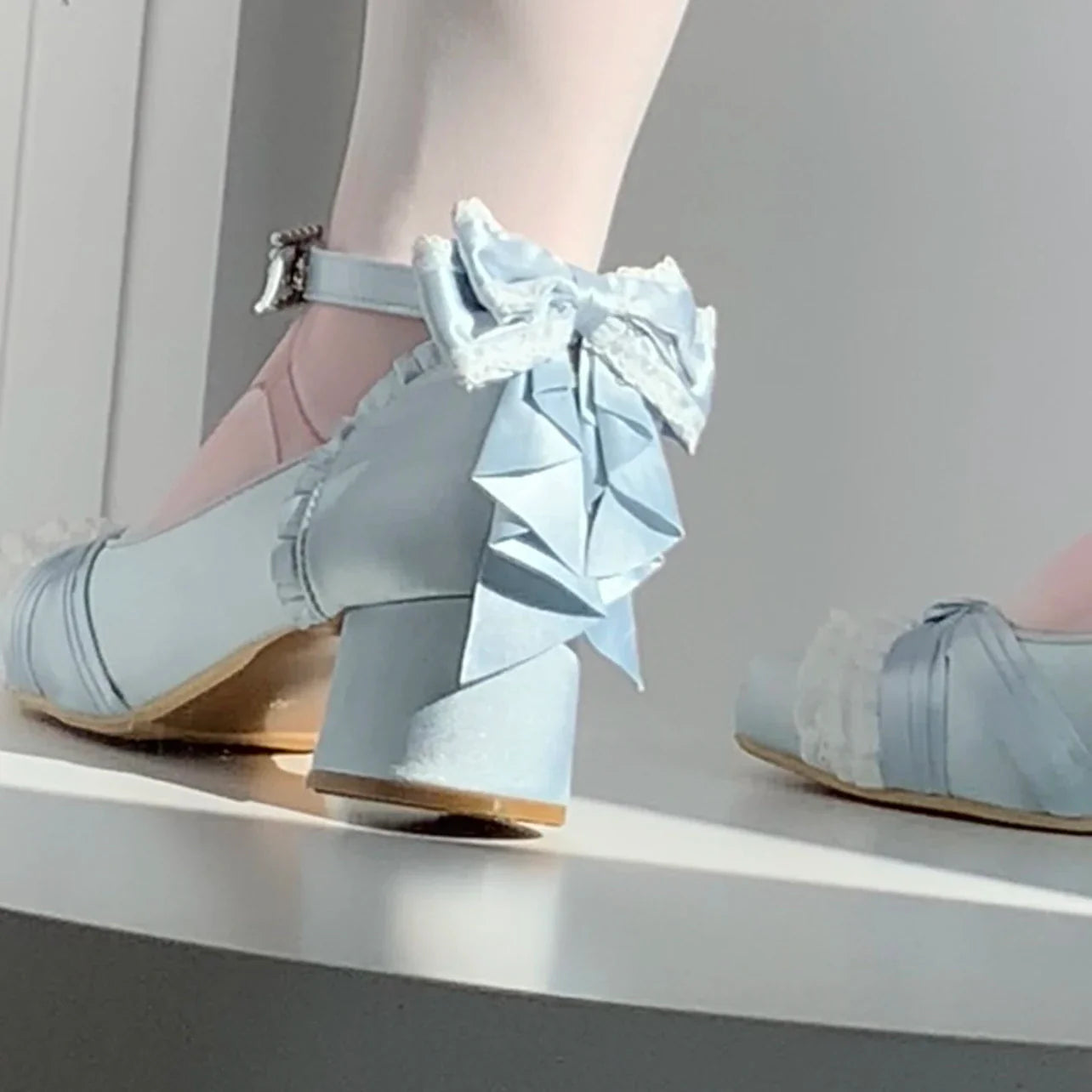 Pink Lolita Shoes Ballet Thick Heel High Heels Mary Jane Shoes Satin Elegant Platform Waterproof Pumps Original