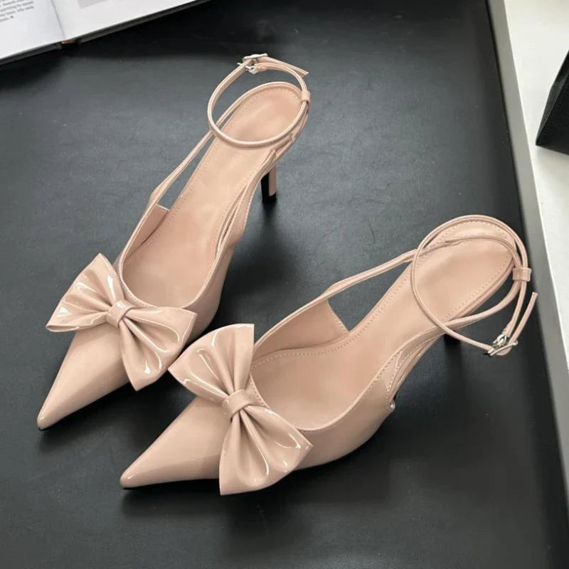 Bowknot Pointed Toe Ankle Strap High Heeled Shoes Brand Thin High Heel Backless Sweet Pumps
