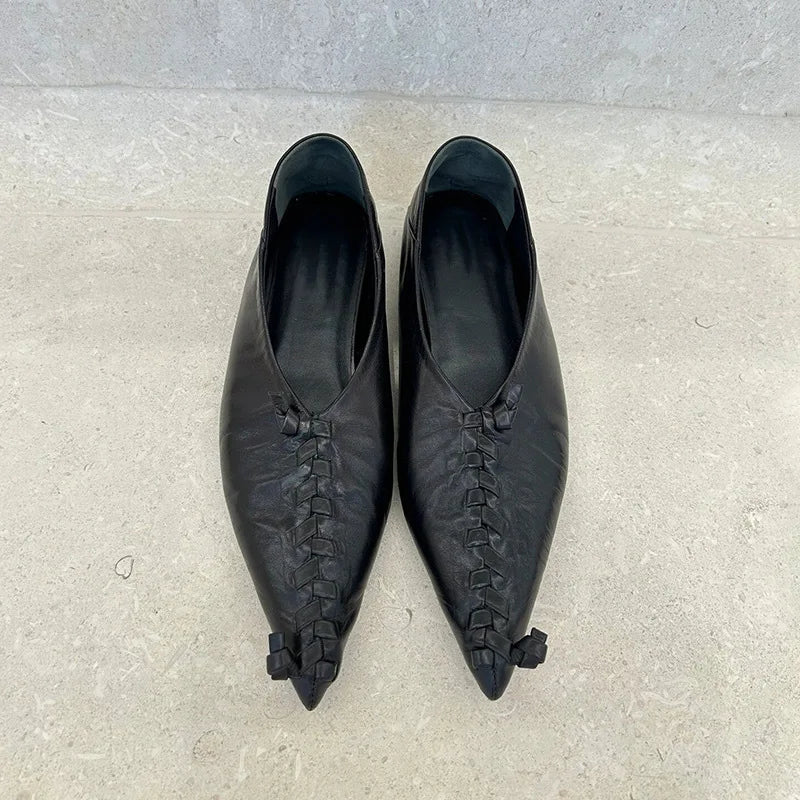 Genuine Leather Retro Pointed Toe Flat Shoes Design Weaving Simple Office Daily Commuting Shallow Shoes