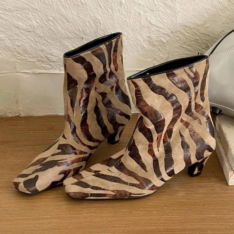 Novel Leopard Print Square Toe Ankle Boots Kitten Heel Boots Party Stripping Shoes Zapatos De Mujer
