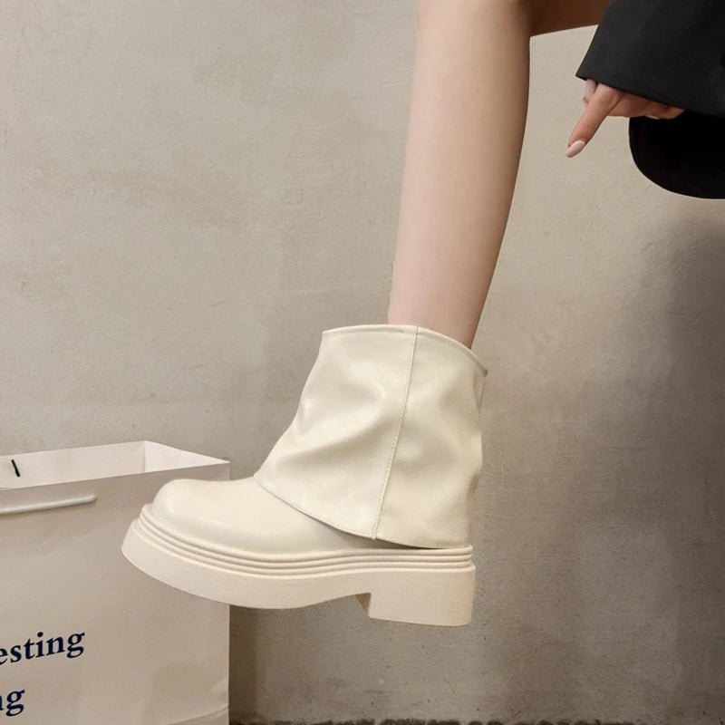 Ankle Chelsea Boots Flats Platform Shoes Woman Pu Leather Motorcycle Boots Snow Short Boots Woman