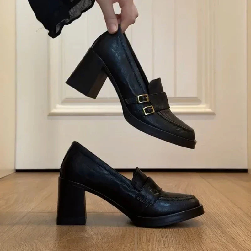 Vintage Thick High Mary Jane Shoes Banquet Party Pumps Slip On Elegant Dress Leather Shoes