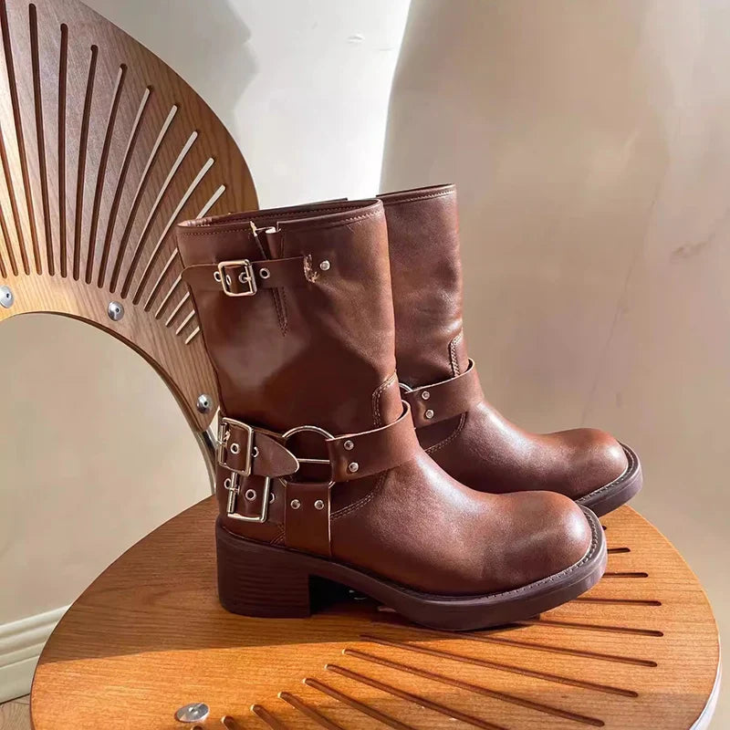Ankle Boots Thick High Heels Knight Boots Leather Western Boots Shoes Cowboy Boots botas de mujer