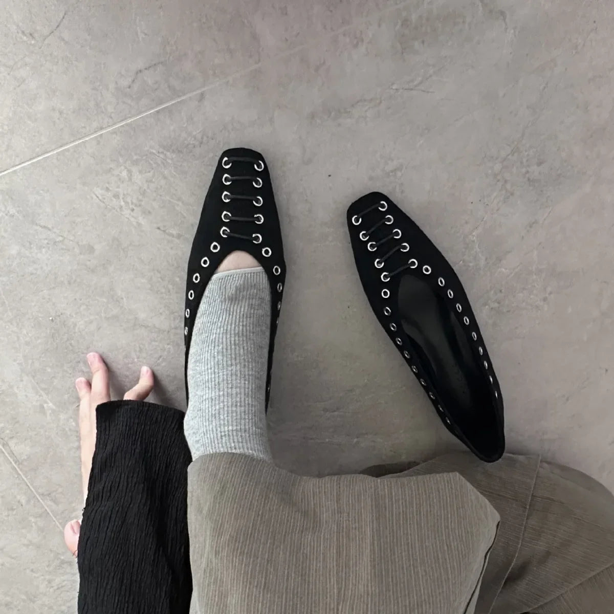 High Quality Faux Suede Flat Mary Jane Shoes Rivets Lace Up Brand Shoes Comfortable Soft Sole Office Shoe