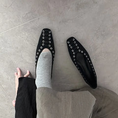 High Quality Faux Suede Flat Mary Jane Shoes Rivets Lace Up Brand Shoes Comfortable Soft Sole Office Shoe