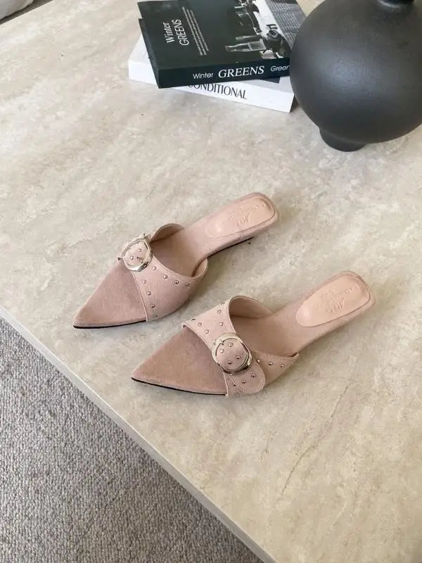Shoes Woman Pointed Toe Slippers Rivet Slides On A Wedge Low Flock Rome Hoof Heels Fabric Rubber Fas
