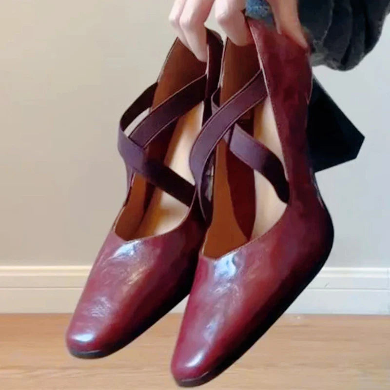 Comfortable Cross-tied Chunky Heel Pumps Elegant Square Toe Shallow Mouth Sandals Office Brand Shoes Tacones Mujer