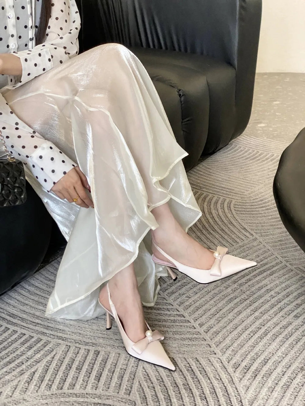 High Quality Satin Bow Pumps Pointed Toe Thin Heeled Backless Brand Shallow Mouth Sandal
