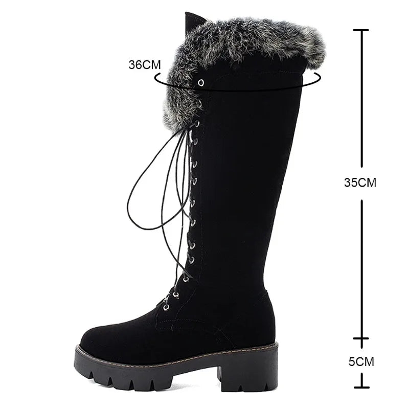 Lace-up Shoes Snow Boots Real Fur Boots Knee High Suede Thick Heel Warm Outdoor with Zip Big Size 43