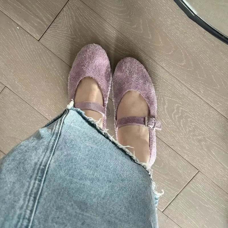 Leather Mary Janes Flats Shoes Cow Suede Buckle Strap Ballet Flats Shoes Shallow Soft Casual Loafers