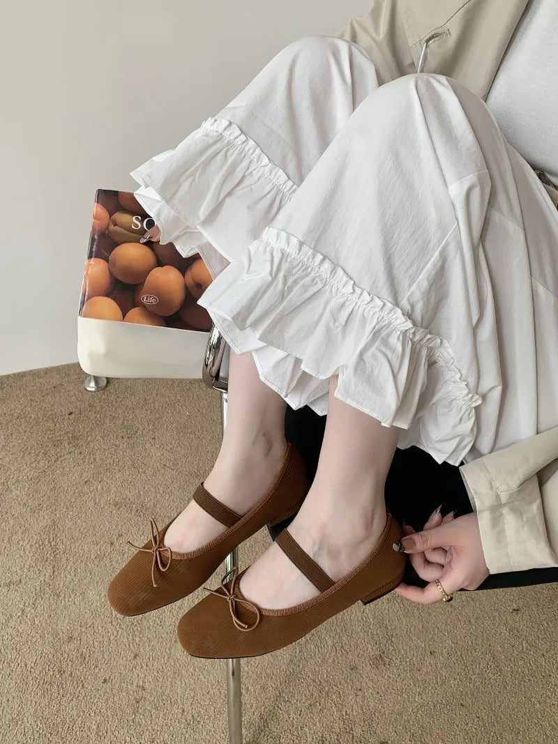 Sweet Butterfly Knot Stripe Design Mary Jane Shoes Comfortable Suede Elastic Band Casual Flats Elegant Brand Shoe
