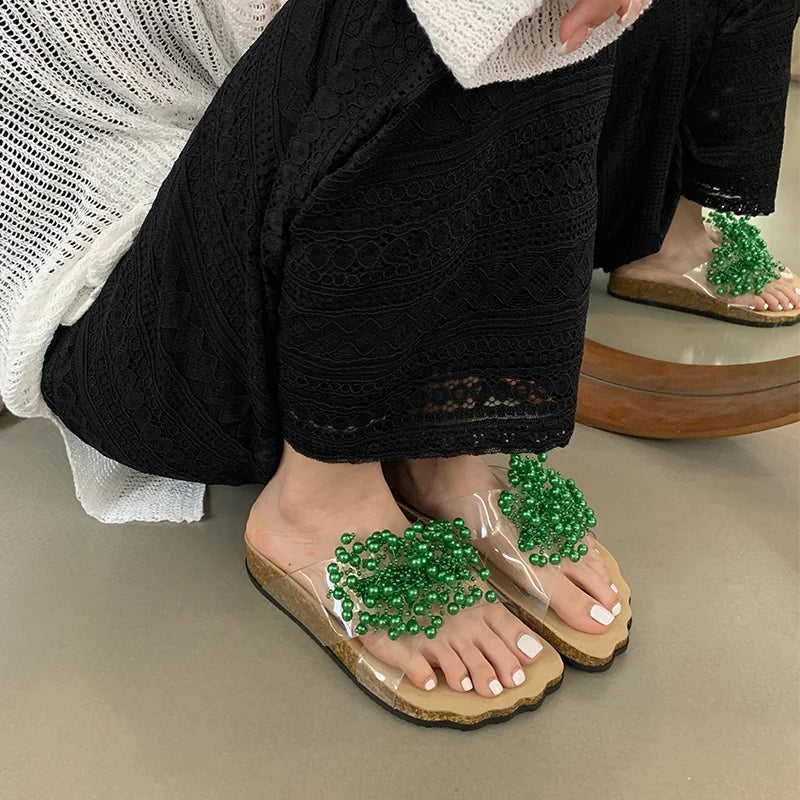 Green Pearl Slides Transparent Slippers Cozy Wide Open Toe Low Heels Beach Shoes Gladiator Sandals