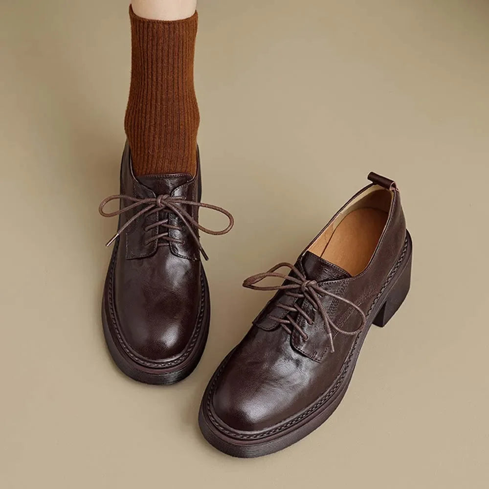 Womens Cowhide Lace Up Flat Shoes Oxford Round Toe Retro British High-Quality Soft Comfortable All Season Daily Shoes