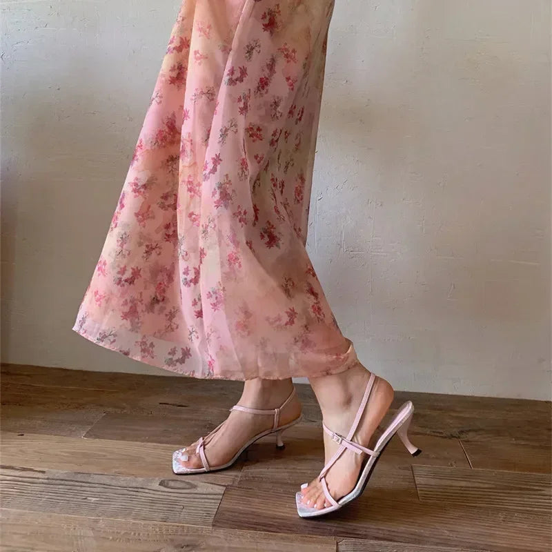 High Quality Original Elegant Satin Floral Design Heels Ankle-Wrap Clip Toe