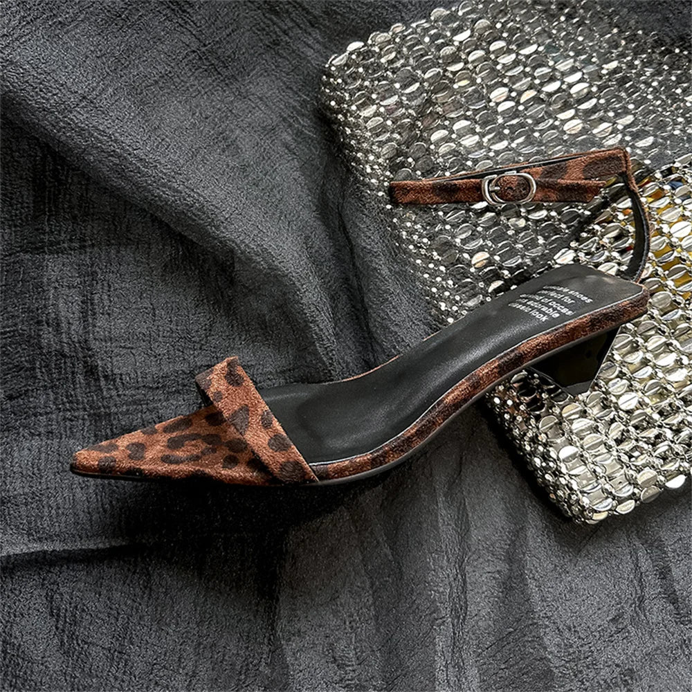 Leopard Sandals Leather Kitten High Heels Pointed Toe Party Wedding Shoes Woman Buckles Prom Pumps
