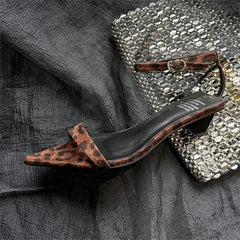 Leopard Sandals Leather Kitten High Heels Pointed Toe Party Wedding Shoes Woman Buckles Prom Pumps