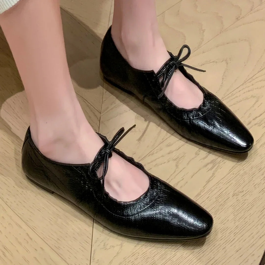 genuine leather pleated lace-up ballet flats round toe high quality soft comfortable ballerinas shoes