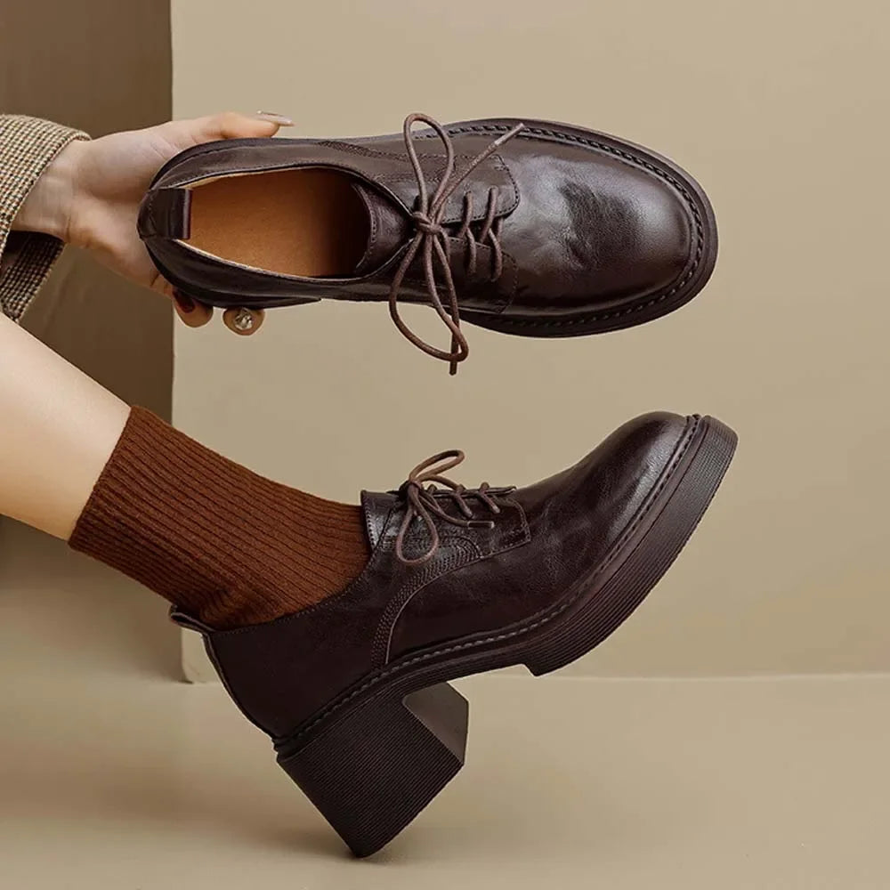 Womens Cowhide Lace Up Flat Shoes Oxford Round Toe Retro British High-Quality Soft Comfortable All Season Daily Shoes