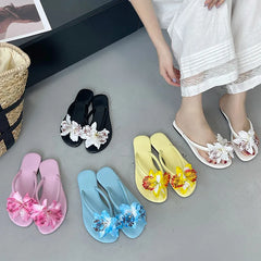 Pink Flower Flats Slippers Beach Round Toe Flip flops Flats Slippers Slides Sandals Shoes