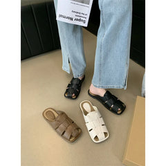 Slippers Shoes Low Slides Cover Toe Pantofle Fretwork Heels Flat Rubber PU Fabric Hoof Shoes Wo