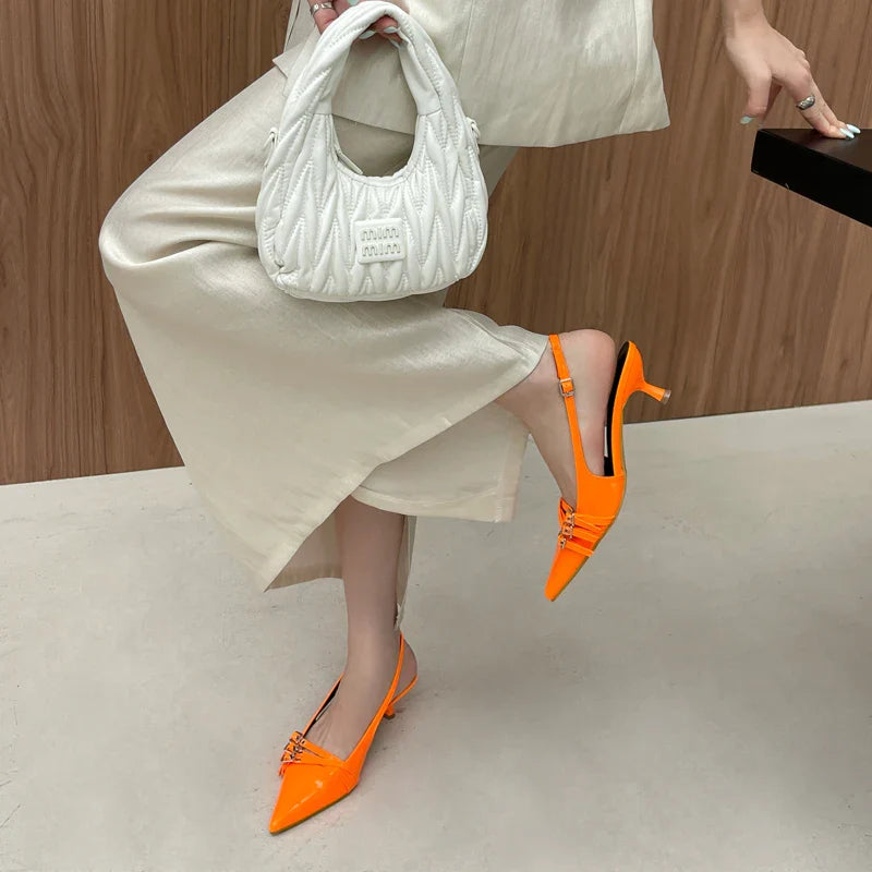 Orange Ladie Pumps Pink High Heels Pointed Toe Slingback Shoes Belt Buckle Low Heel Office Shoes Blue